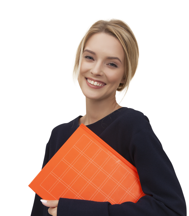 lady wearing black long sleeves holding orange folder