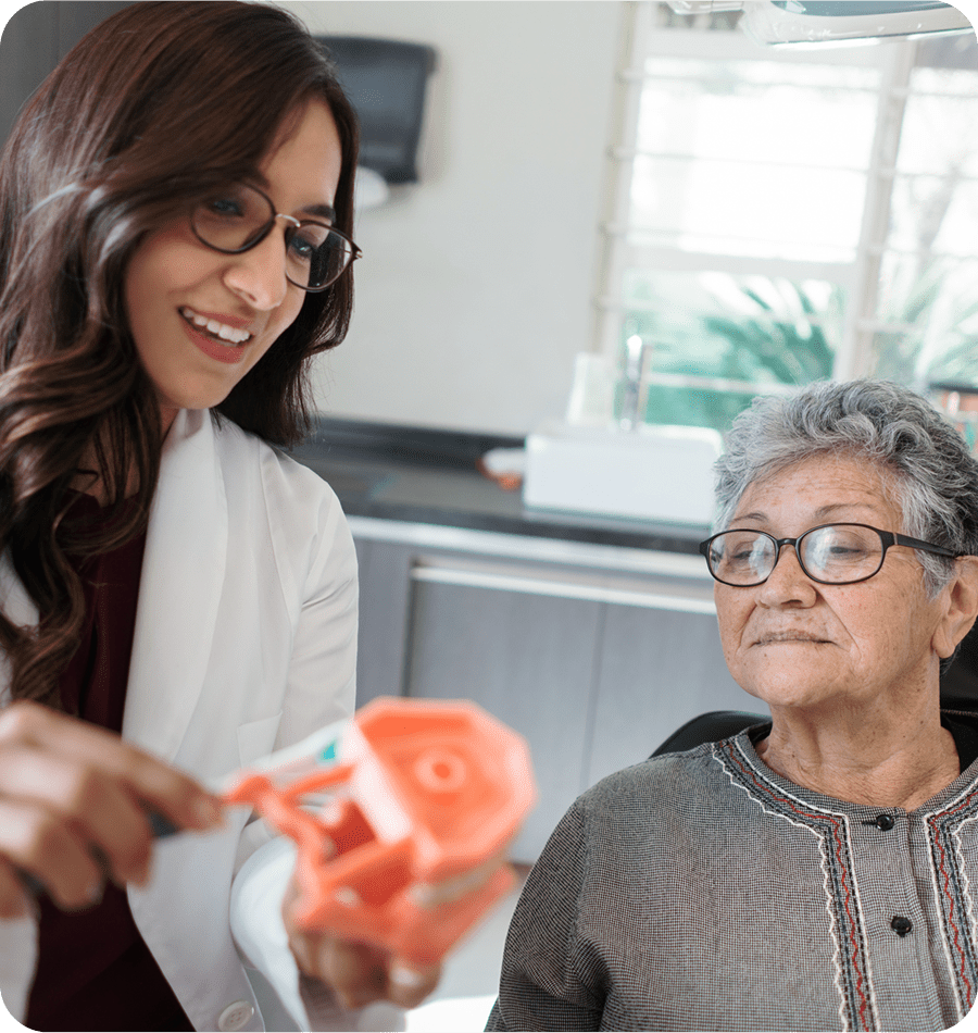 Dentist explaining model to patient